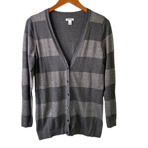 Old Navy Gray and Silver Metallic Stripe Button Up Cardigan Long Sleeves V-Neck